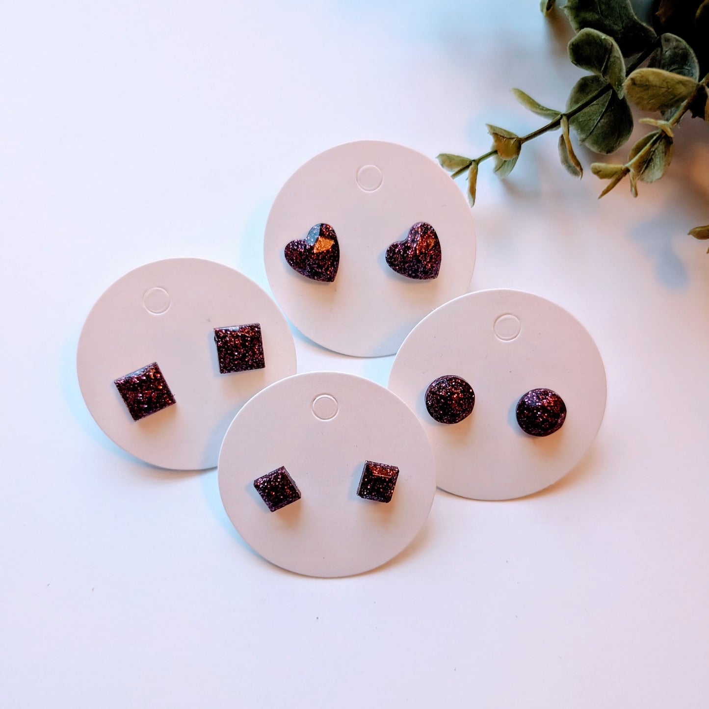 Burgundy Glitter Stud Earrings